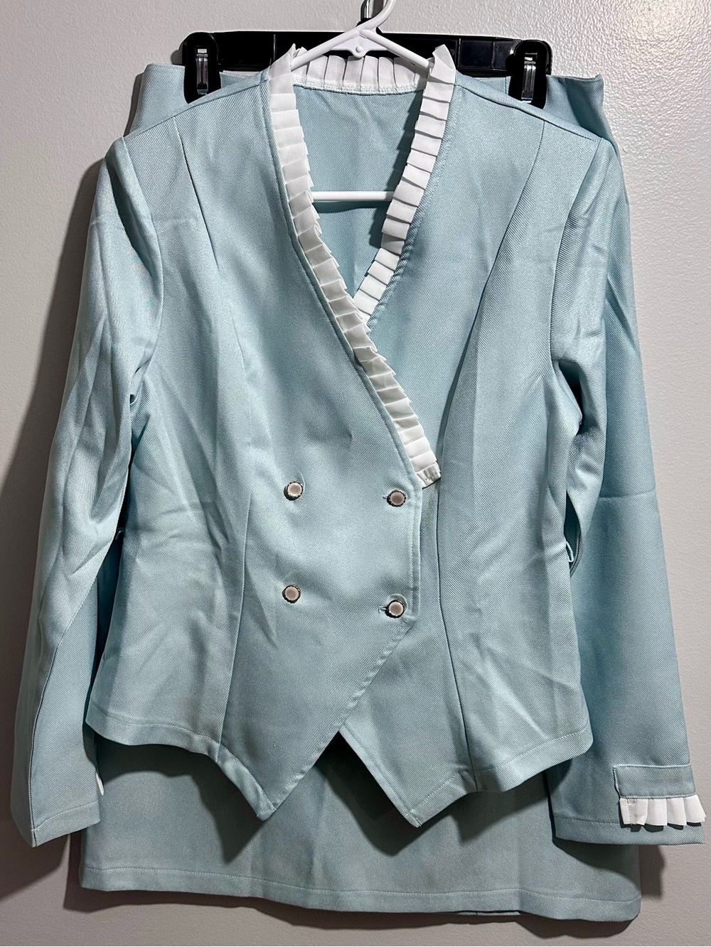 Light Blue Double-Breasted Blazer Skirt Set Size M White Pleated Trim (1278)